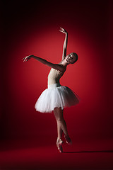 Image showing Ballerina. Young graceful female ballet dancer dancing at red studioskill. Beauty of classic ballet.