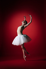 Image showing Ballerina. Young graceful female ballet dancer dancing at red studioskill. Beauty of classic ballet.