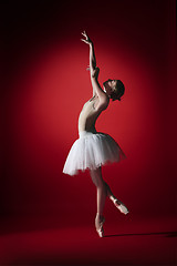 Image showing Ballerina. Young graceful female ballet dancer dancing at red studioskill. Beauty of classic ballet.