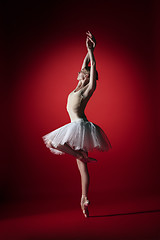 Image showing Ballerina. Young graceful female ballet dancer dancing at red studioskill. Beauty of classic ballet.