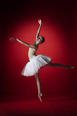 Image showing Ballerina. Young graceful female ballet dancer dancing at red studioskill. Beauty of classic ballet.