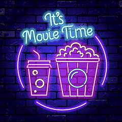 Image showing Cinema and Movie time neon signboard