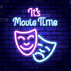 Image showing Cinema and Movie time neon signboard