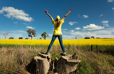 Image showing Woman enjoys the countryside views fields of golden canola