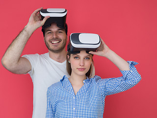 Image showing happy couple using VR-headset glasses of virtual reality