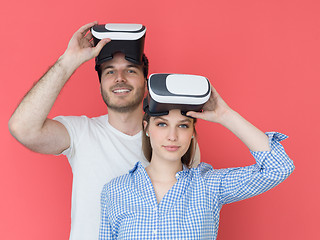 Image showing happy couple using VR-headset glasses of virtual reality