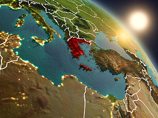 Image showing Greece from space during sunrise