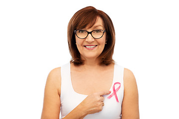 Image showing old woman with pink breast cancer awareness ribbon