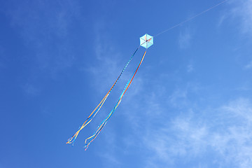 Image showing Colorful kite flying and blue sky as background