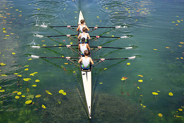 Image showing Men's quadruple rowing team on turquoise green lake