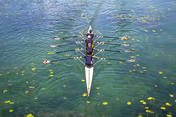 Image showing Men's quadruple rowing team on turquoise green lake