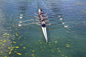 Image showing Men's quadruple rowing team on turquoise green lake