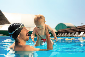 Image showing Happy family having fun by the swimming pool