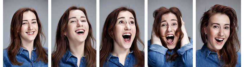 Image showing Set of young woman\'s portraits with different happy emotions