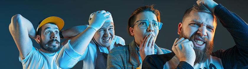 Image showing The emotional angry men screaming on blue studio background