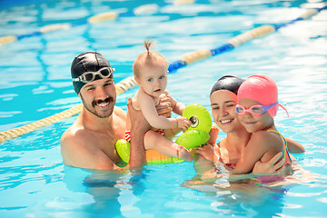 Image showing Happy family having fun by the swimming pool