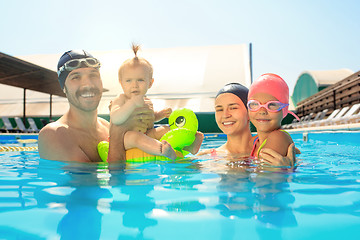 Image showing Happy family having fun by the swimming pool