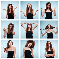 Image showing Set of young woman\'s portraits with different happy emotions