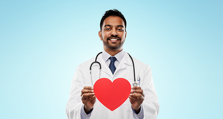 Image showing smiling indian male doctor with red heart shape