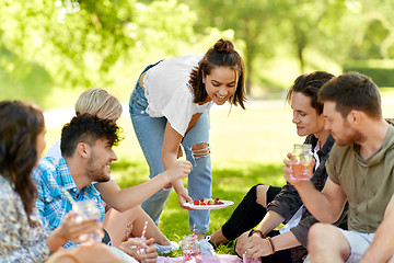 Image showing friends with drinks and food at picnic in park