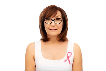 Image showing old woman with pink breast cancer awareness ribbon