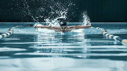 Image showing dynamic and fit swimmer in cap breathing performing the butterfly stroke