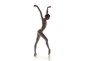 Image showing Ballerina. Young graceful female ballet dancer dancing isolated on white. Beauty of classic ballet.
