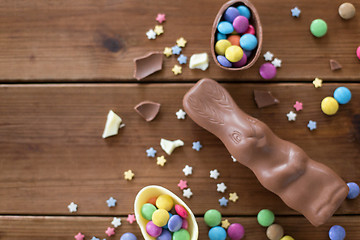 Image showing chocolate eggs, easter bunny and candies on wood