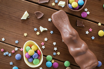 Image showing chocolate eggs, easter bunny and candies on wood