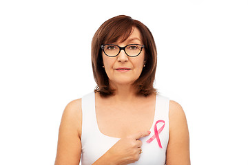 Image showing old woman with pink breast cancer awareness ribbon