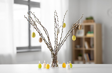 Image showing pussy willow branches decorated by easter eggs