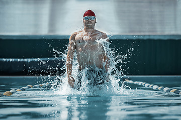 Image showing fit swimmer in cap at pool