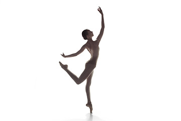 Image showing Ballerina. Young graceful female ballet dancer dancing isolated on white. Beauty of classic ballet.