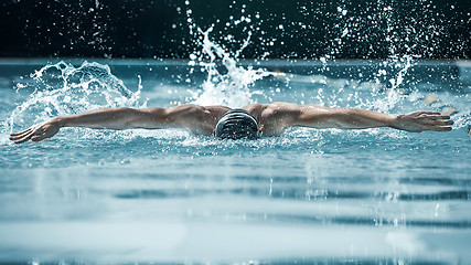 Image showing dynamic and fit swimmer in cap breathing performing the butterfly stroke