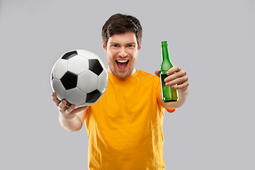 Image showing man or football fan with soccer ball and beer