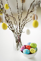 Image showing close up of pussy willow branches and easter eggs