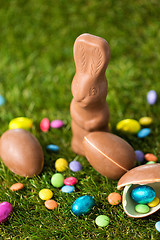 Image showing chocolate bunny, eggs and candy drops on grass