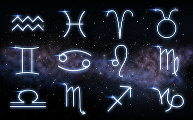 Image showing set of zodiac signs over night sky and galaxy