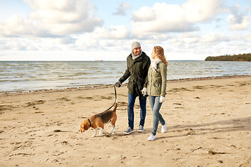 Image showing happy couple with beagle dog on autumn beach