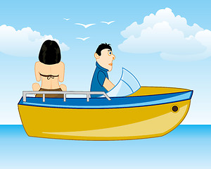 Image showing Man and woman sail on motorboat seaborne