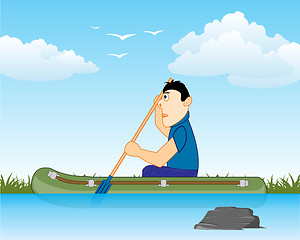 Image showing Man sails on river on rubber boat