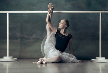 Image showing The classic ballerina posing at ballet barre