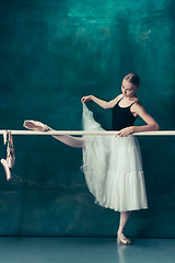 Image showing The classic ballerina posing at ballet barre