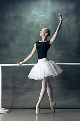 Image showing The classic ballerina posing at ballet barre