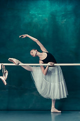 Image showing The classic ballerina posing at ballet barre