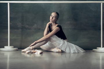 Image showing The classic ballerina posing at ballet barre