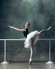 Image showing The classic ballerina posing at ballet barre