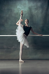 Image showing The classic ballerina posing at ballet barre