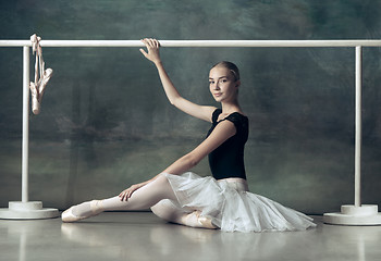 Image showing The classic ballerina posing at ballet barre