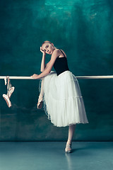 Image showing The classic ballerina posing at ballet barre